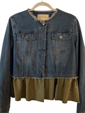 Anthropologie Pilcro & Letterpress Women's Ruffle Green Denim Jean Jacket Sz M